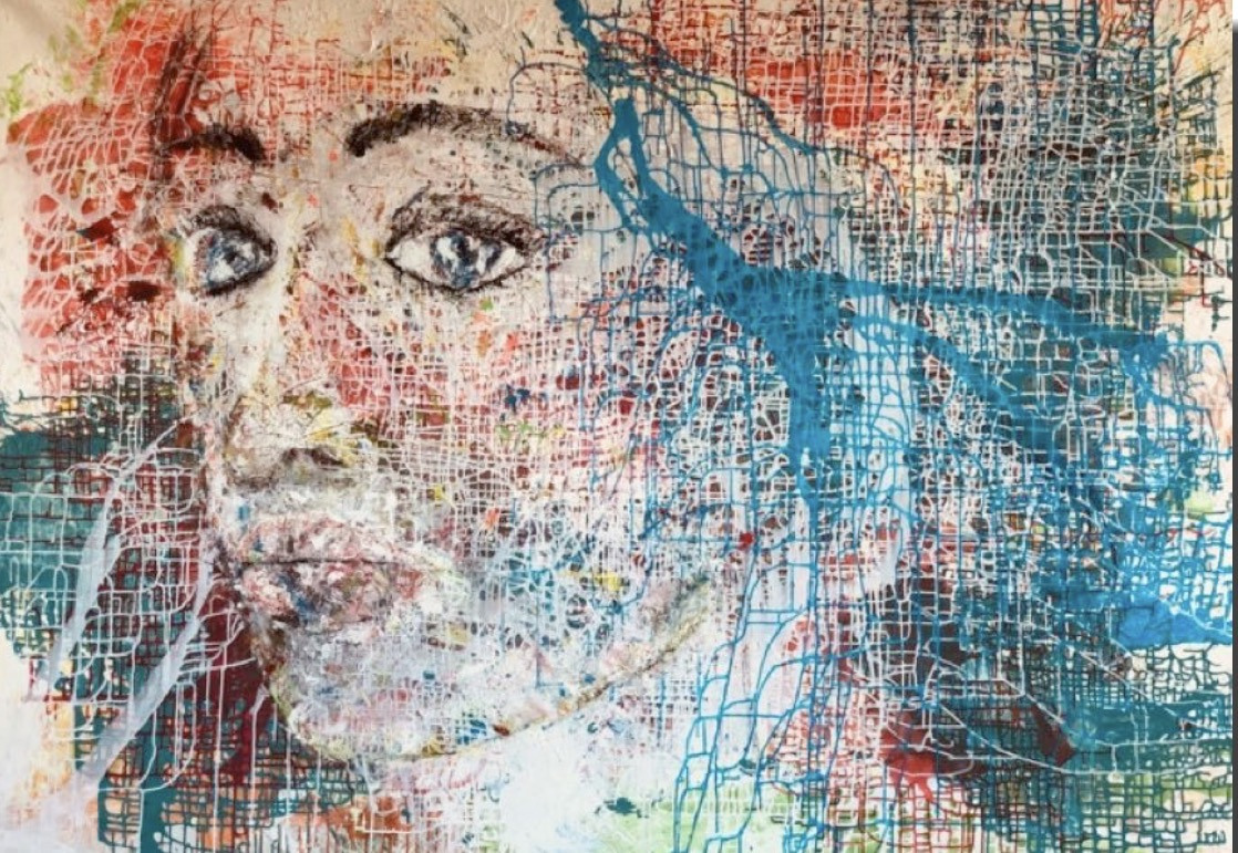 Erleben – farbintensives, abstrakt-figuratives Gesichtsgemälde von Barbara Eder