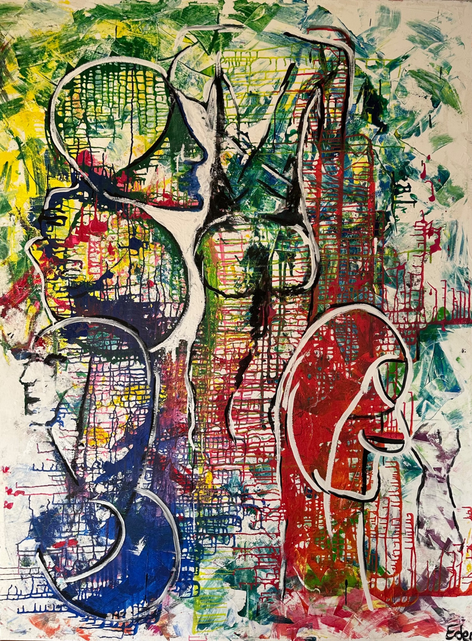 Abstrakt-figurative Komposition mit Gesichtern und grafischen Linien in Grün, Blau und Rot von Barbara Eder